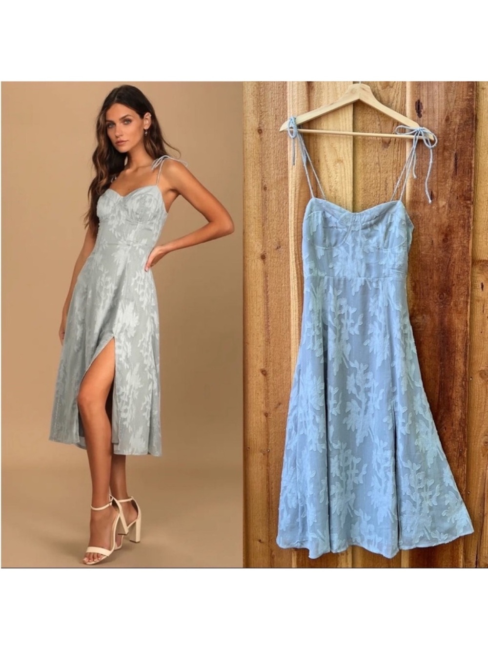 Dusty Blue Floral Jacquard Bustier Tie-Strap Midi Dress 🌿